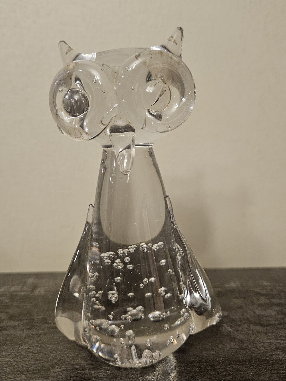 Vintage MCM Solid Hand-Blown Clear Art Glass Owl Figurine Paperweight